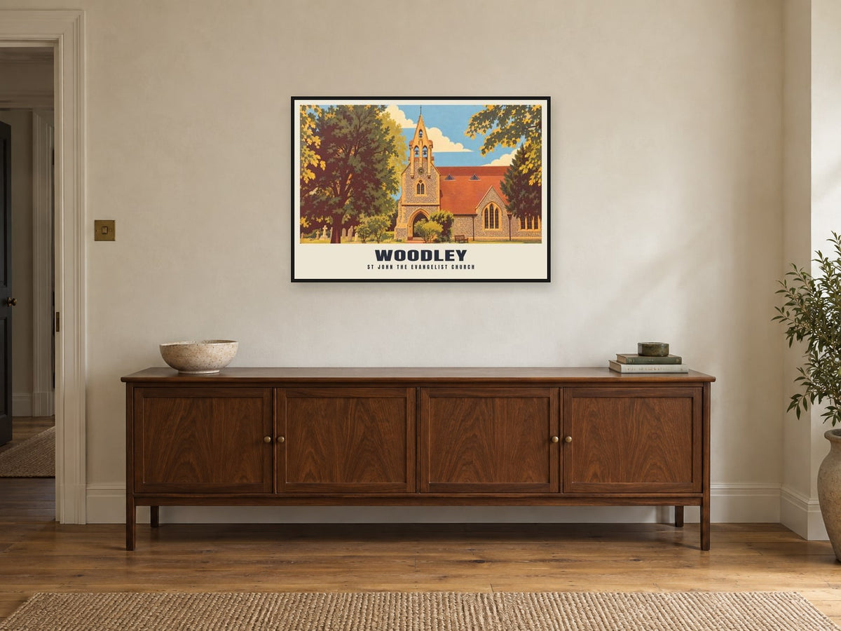 St John the Evangelist Church, Woodley Poster at A1, in a black frame, above a sideboard