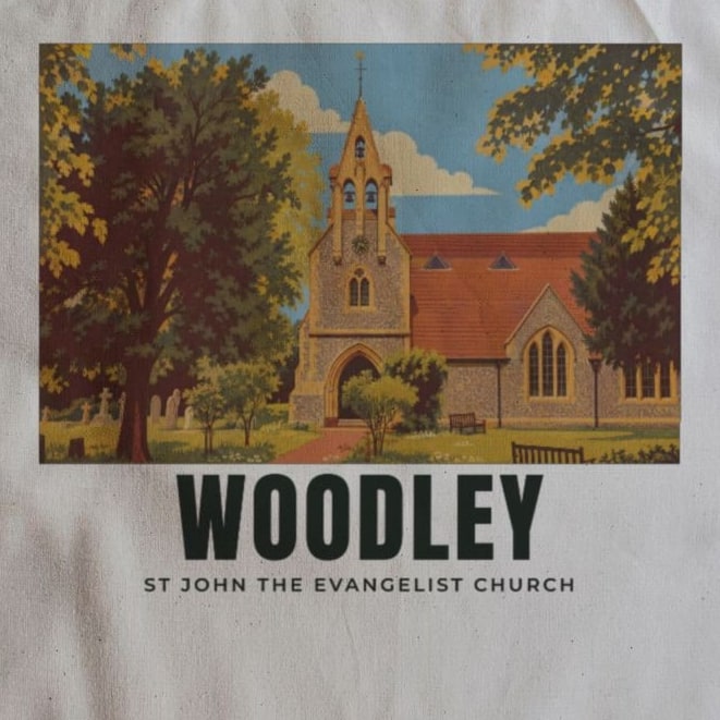 Close-up of the St John the Evangelist Church, Woodley drawing and lettering printed on natural cotton
