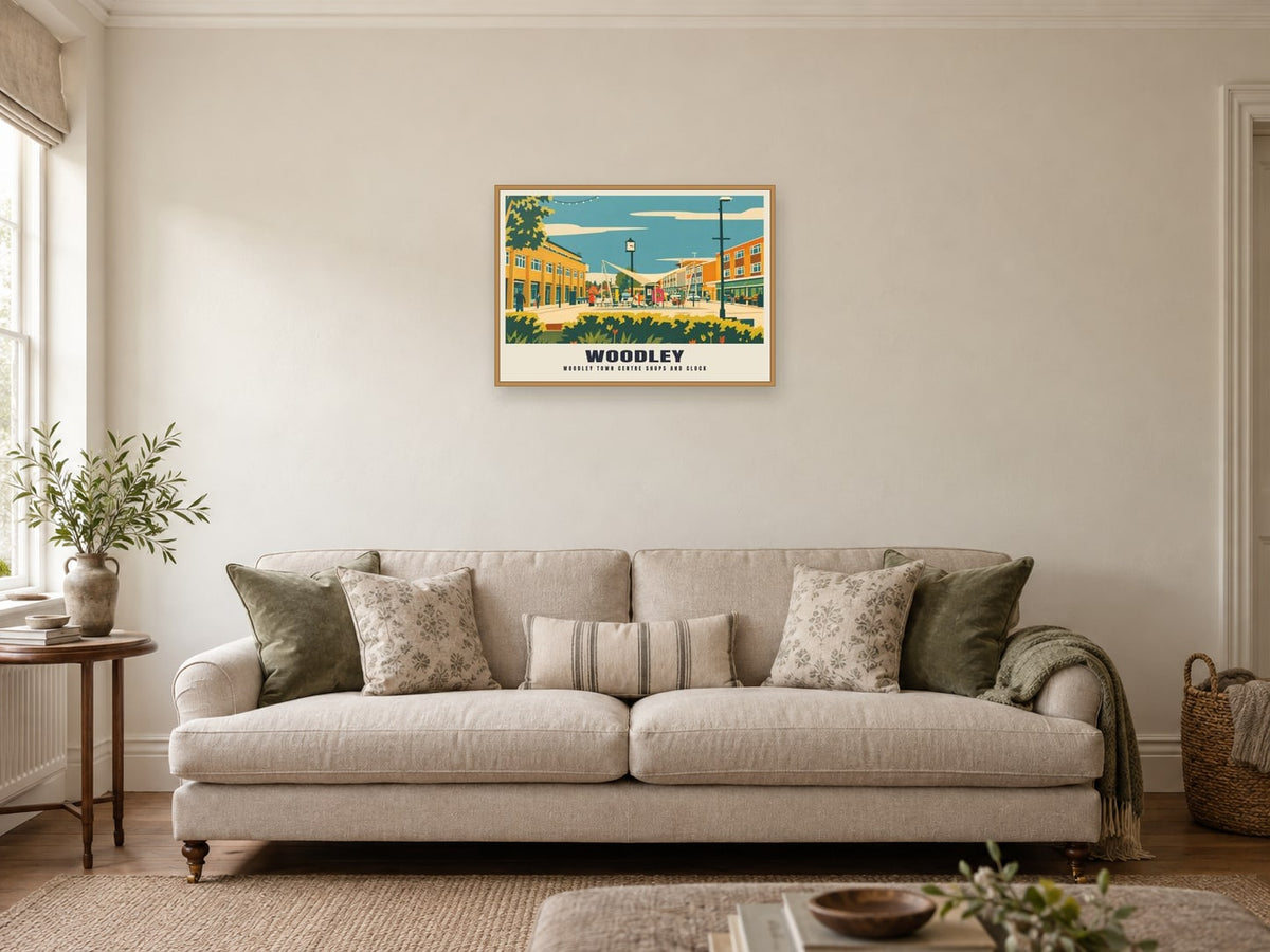 Woodley town centre shops and clock Mid-Century Poster at A2, in a natural wood frame, in a sitting room
