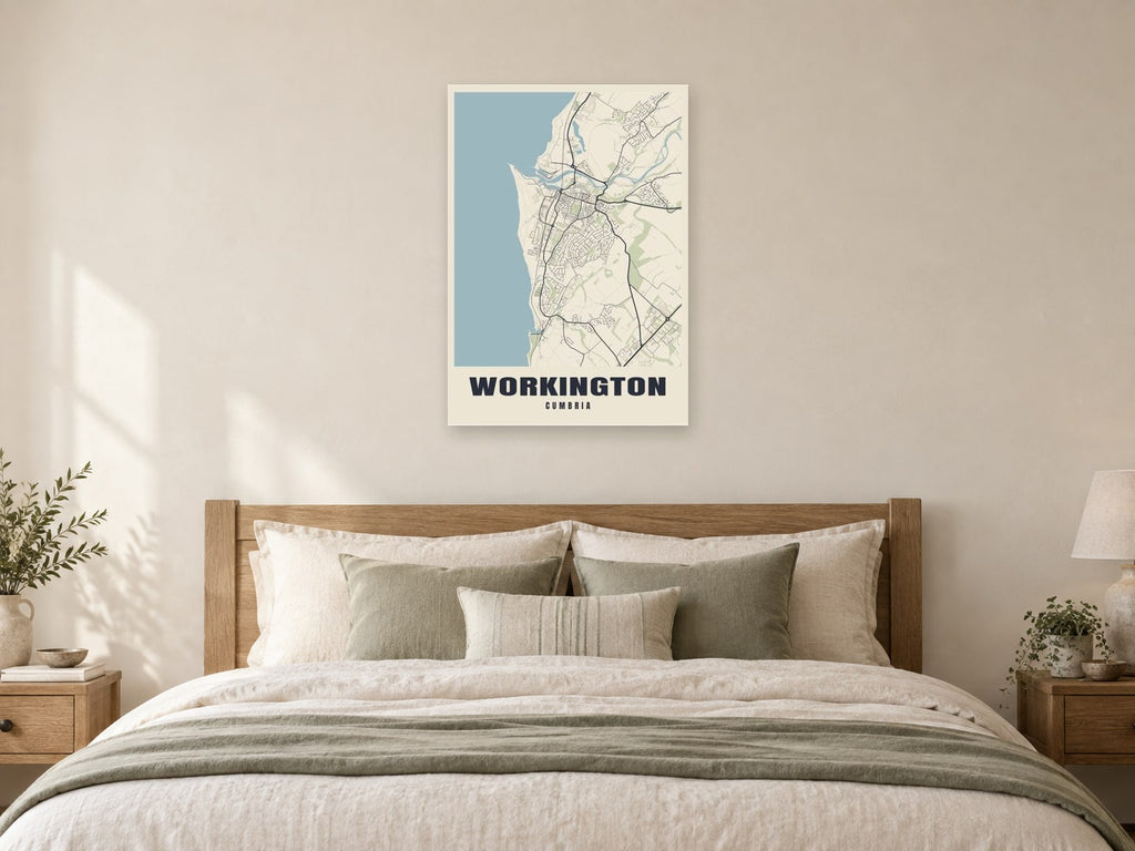 Workington Street Map Poster at A1, as a poster, above a bed