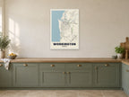 Workington Street Map Poster at A1, in a white frame, in a kitchen