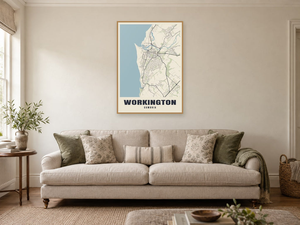 Workington Street Map Poster at A1, in a natural wood frame, in a sitting room