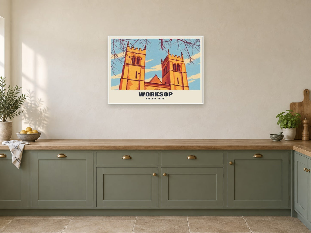 Worksop Priory Poster at A1, in a white frame, in a kitchen
