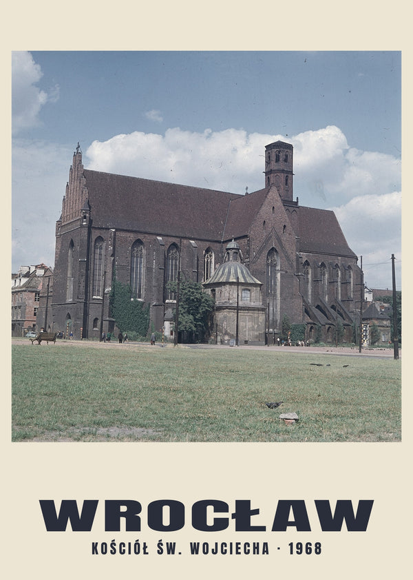 Iglesia de San Adalberto y parada de tranvía, Wrocław — 1968 · Lámina de fotografía histórica