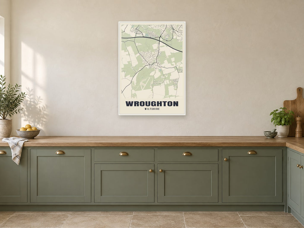 Wroughton Street Map Poster at A1, in a white frame, in a kitchen