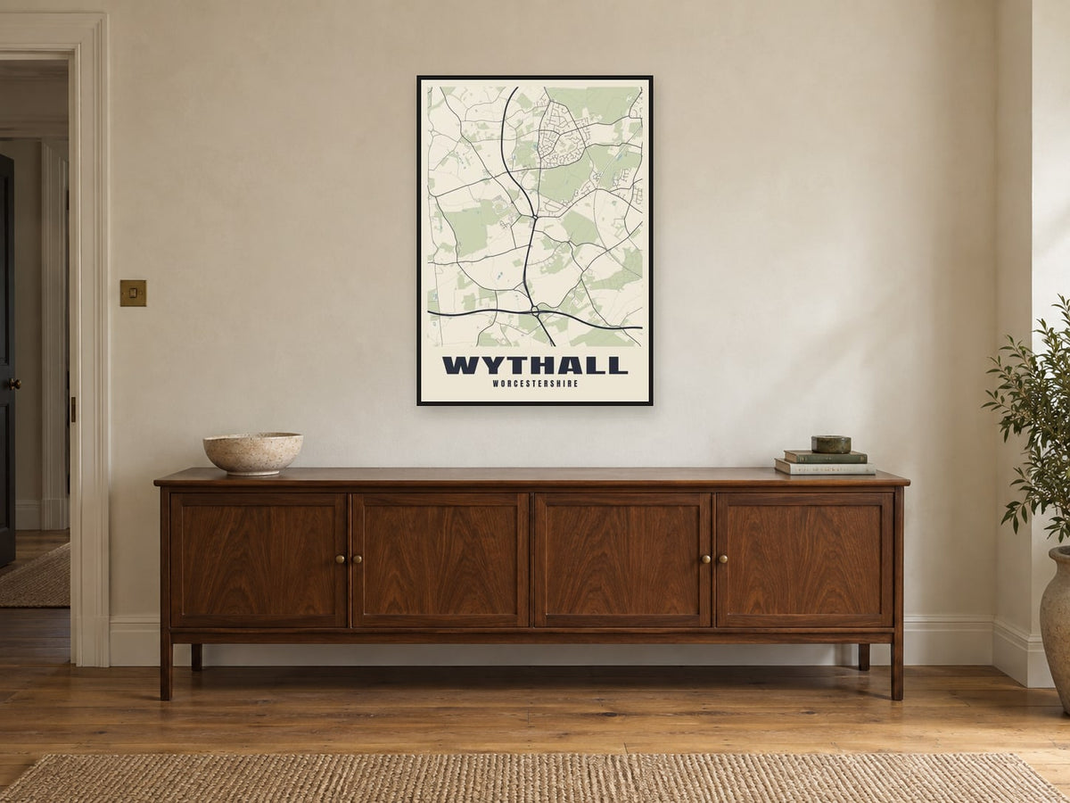 Wythall Street Map Poster at A1, in a black frame, above a sideboard