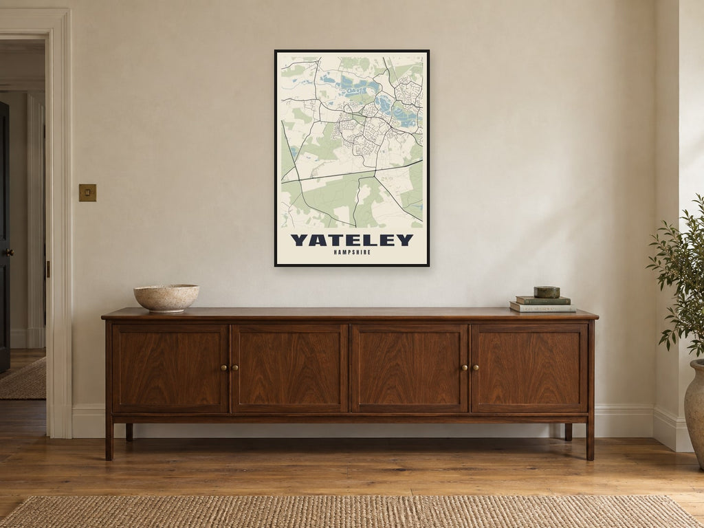 Yateley Street Map Poster at A1, in a black frame, above a sideboard