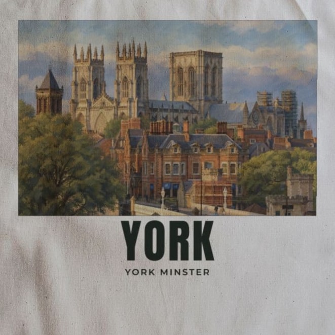 Close-up of the York Minster drawing and lettering printed on natural cotton