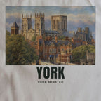 Close-up of the York Minster drawing and lettering printed on natural cotton