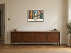 The Shambles, York Gouache Poster at A2, in a black frame, above a sideboard