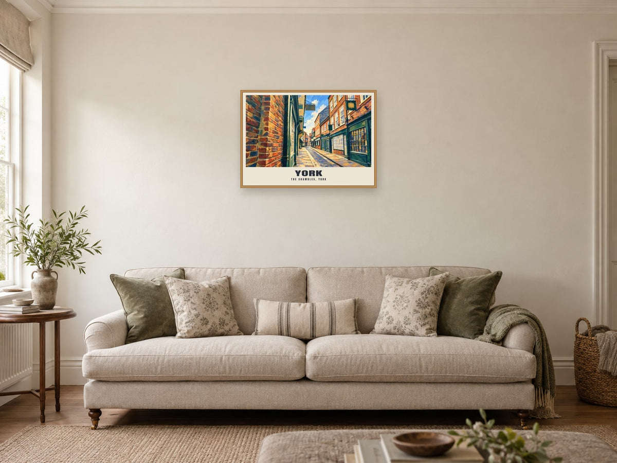The Shambles, York Gouache Poster at A2, in a natural wood frame, in a sitting room