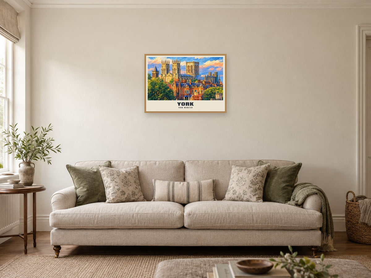 York Minster Gouache Poster at A2, in a natural wood frame, in a sitting room