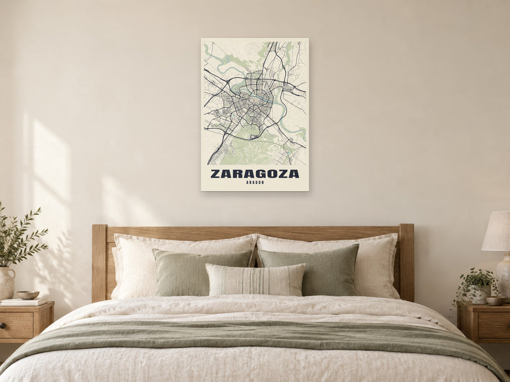 Zaragoza Street Map Poster at A1, as a poster, above a bed