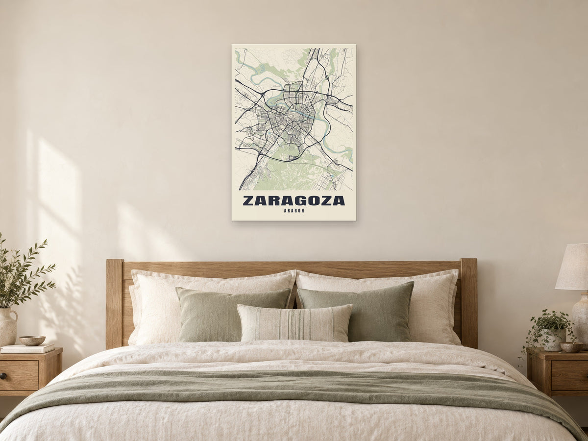 Zaragoza Street Map Poster at A1, as a poster, above a bed